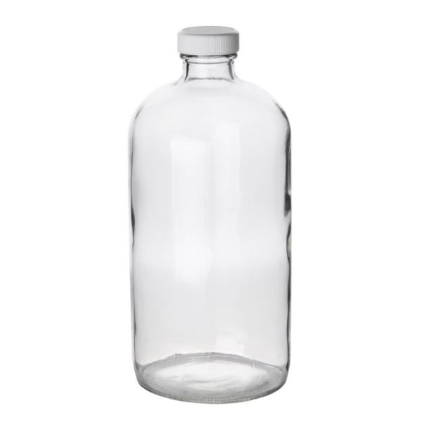 Fisherbrand™ Clear Boston Round Glass Bottles with White Polypropylene Caps