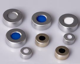 Red PTFE/white silicone septa+ Aluminium cap, for 2ml crimp top vial 100/pk MOQ 5pk