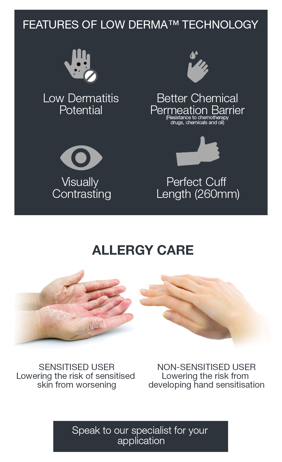 low dermatitis potential, better chemical permeation barrier, visually contrasting, perfect cuff length